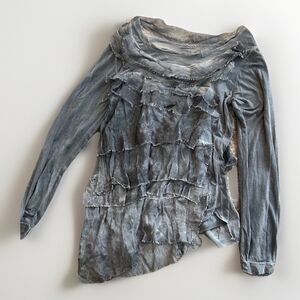 Raw Moda Women’s Sheer Blue 100% Silk Italian Lagenlook Ruffle Top Small/Medium